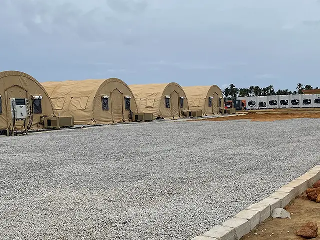 row of tan tents